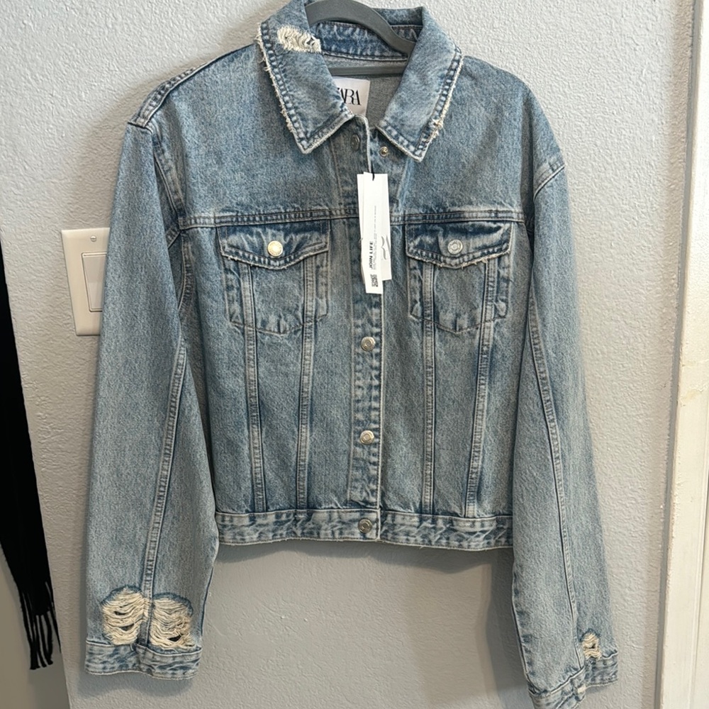 Zara Blue Cropped Jean Jacket with Distressed Details